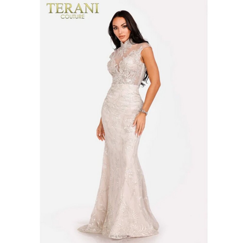 Terani Couture Silver Embellished High Collar Evening Dress - Silver - NWT